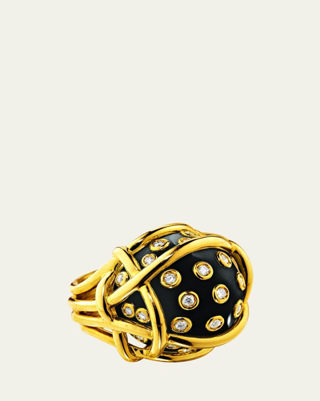 18K Yellow Gold Black Jade and White Diamond Polka Dot Ring